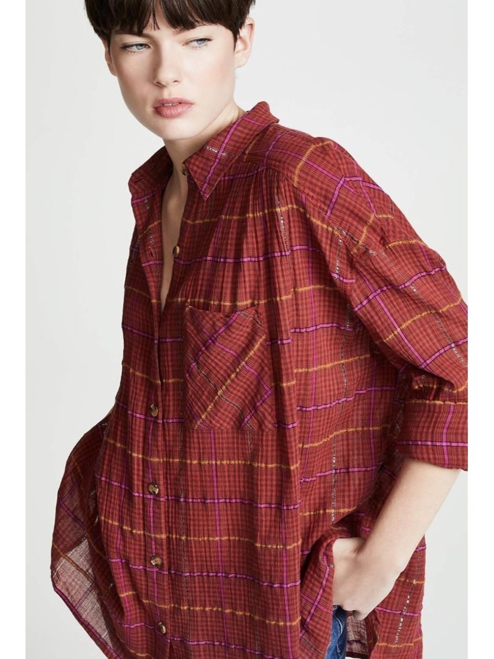 Free People Break My Stride Plaid Button-Up Shirt